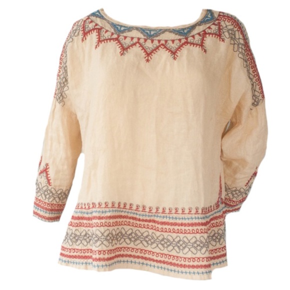 Johnny Was Albee Linen Cream Embroidered Boho Blouse